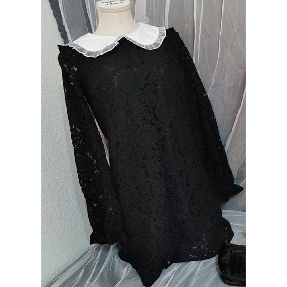 MA*RS Size Small Black Dress Jirai Kei Long Sleeve Lace Peter Pan Wednesday Goth